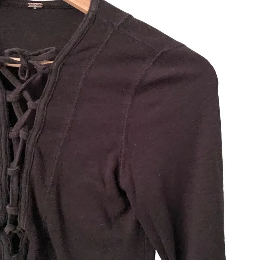 Free People Lucky Lace Up Black Long Sleeve Top in Size ***SEE MEASUREMENTS***